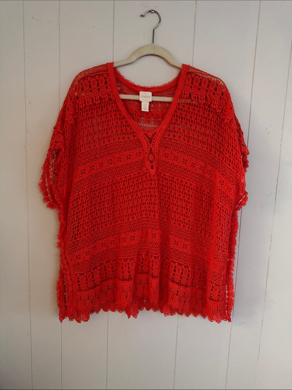 Chico's Red Crochet Openwork V-Neck Tunic